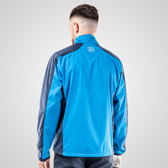 Model wearing Galvin Green Men's Lawrence 1/2 Zip Blue Golf Jacket Back View