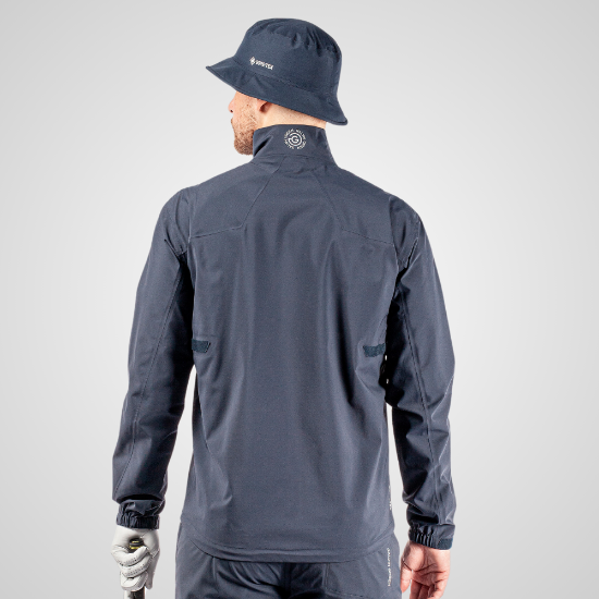 Model wearing Galvin Green Men's Armstrong Gore-Tex Navy & Grey Golf Jacket Back View